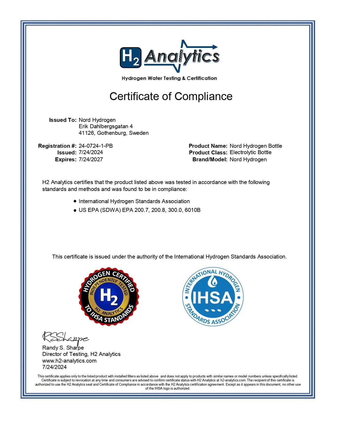 IHSA-samsvarssertifikat for Nord Hydrogen Bottle
